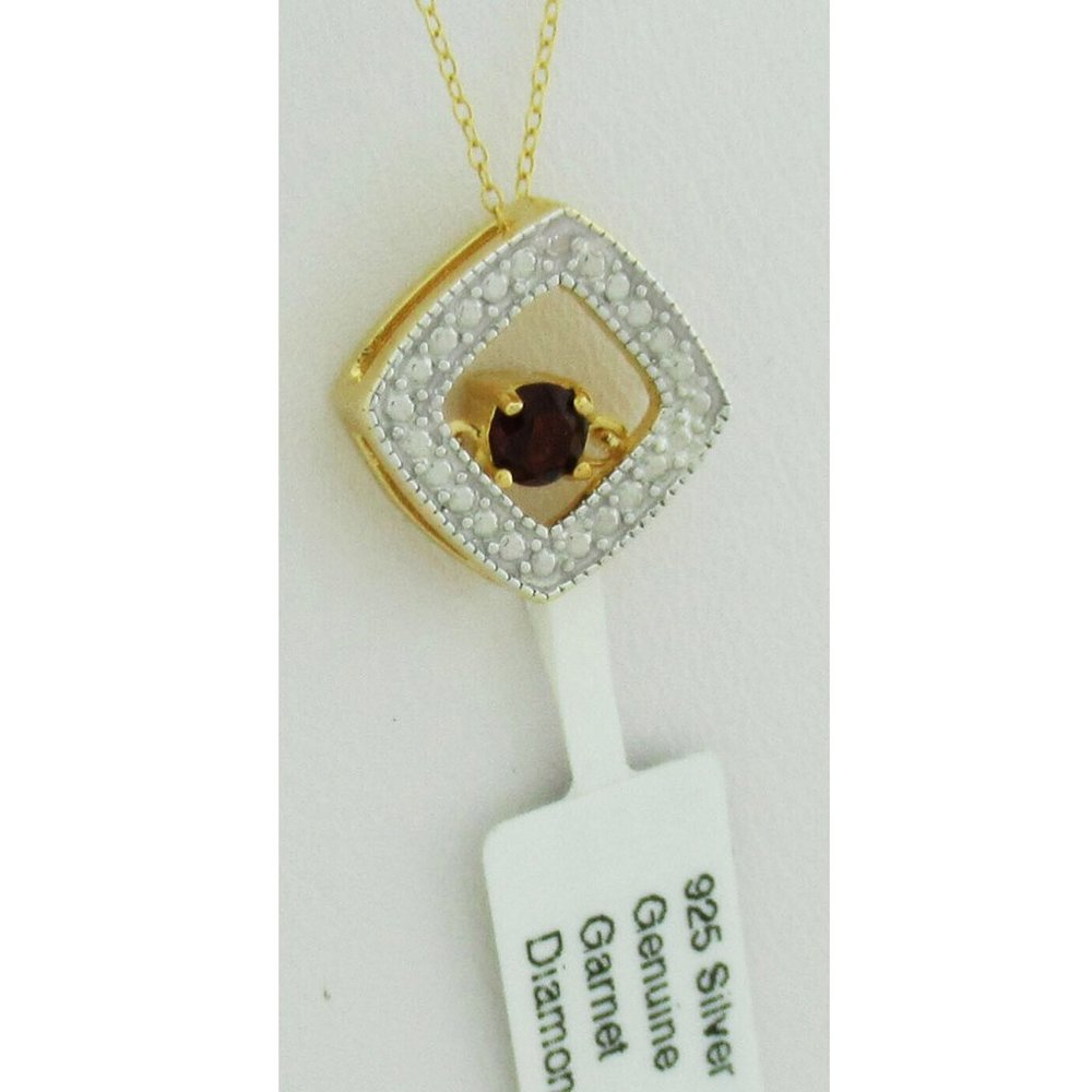 GENUINE 0.22 Cts GARNET & DIAMOND PENDANT NECKLACE .925 SILVER * New With Tag *